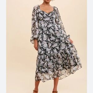 NWT In Loom Floral Smocked Back Black and White Midi Dress